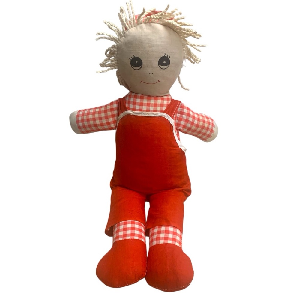 VTG Red Ugly Rag Cloth Doll Stuffed Plush Toy Country Farmer Checkered